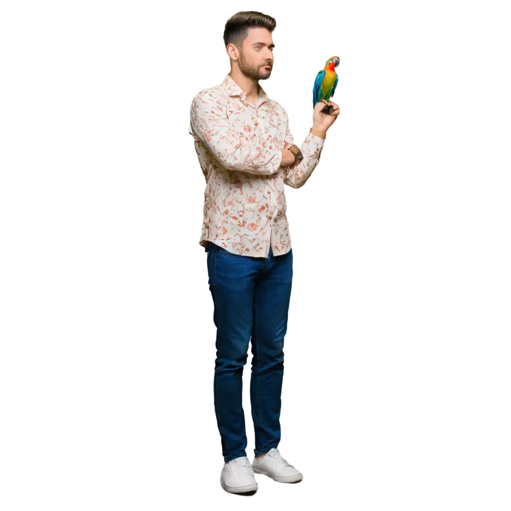 PNG-Image-Usage-ScenariosIndian-Man-Standing-with-Parrot-on-Left-Arm-Full-Body-PNG-Image-for-Various-Applications