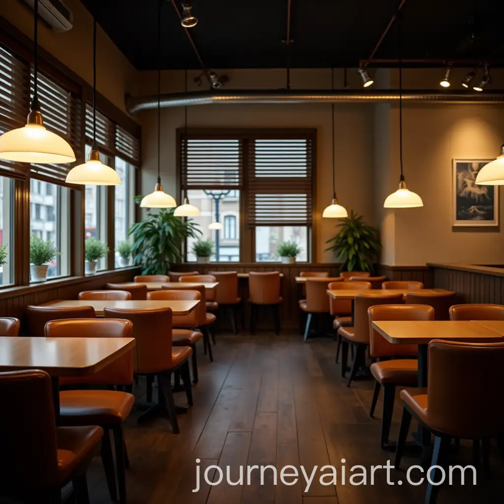Cozy-Cafeteria-with-Wooden-Tables-and-Leather-Chairs