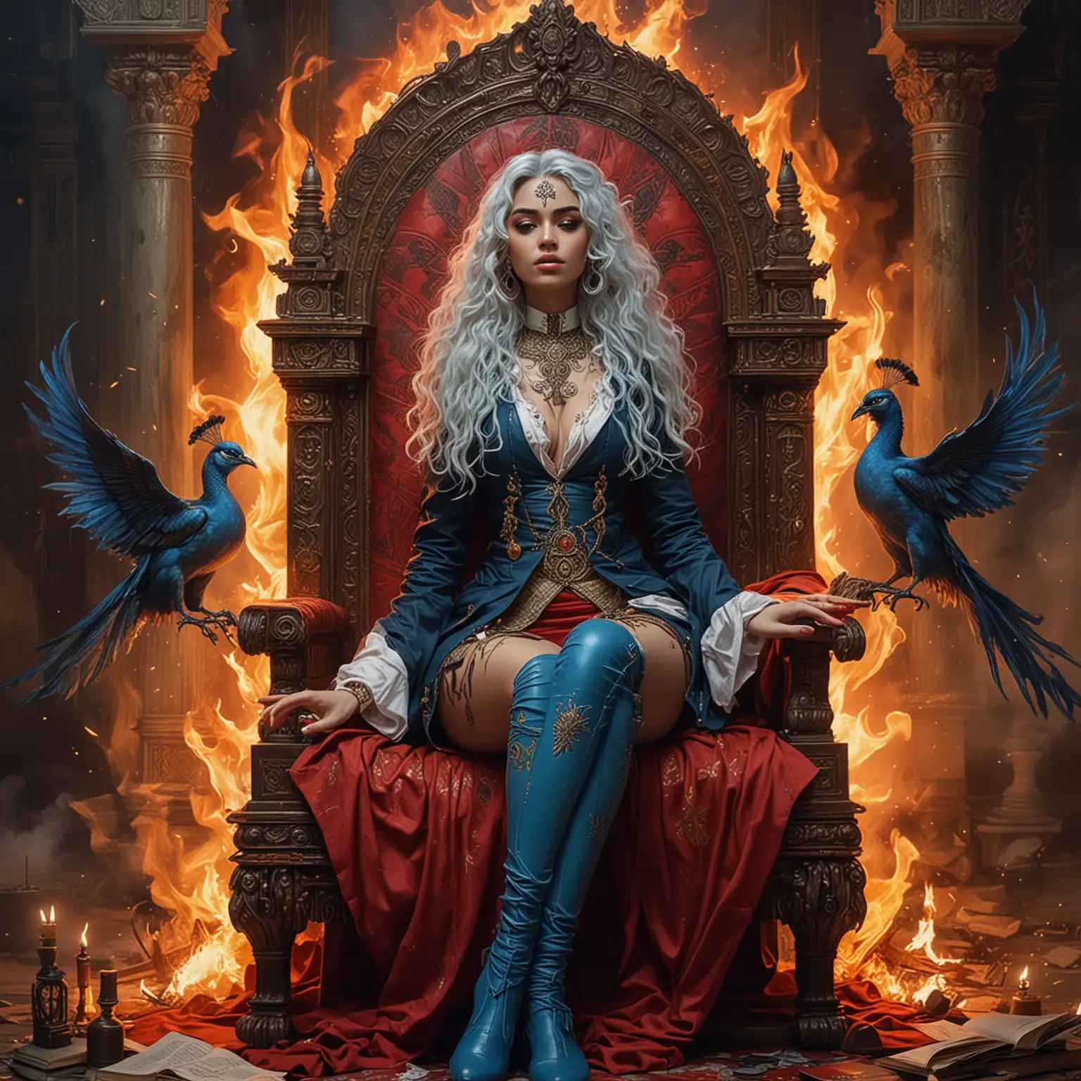 user_prompt: Beautiful adolescent empress goddesses, alien sorceress magas in tight fitting blue outfit and blue boots with long curly honey colored hair with strands of blue, blonde, white, red, green and black hair with red, green, black, white, and blue trench coats long with large wings made of fire, with a giant white book filled with fire and blood, with the word 'jose Antonio' tattooed all over their body with a peacock tattoo on its forehead sitting in lotus position  standing and sitting on a majestic demonic throne with large crosses in the background made of fire and a dark haunted Indian-Arab palace with empress goddesses general Hindus sitting in lotus position