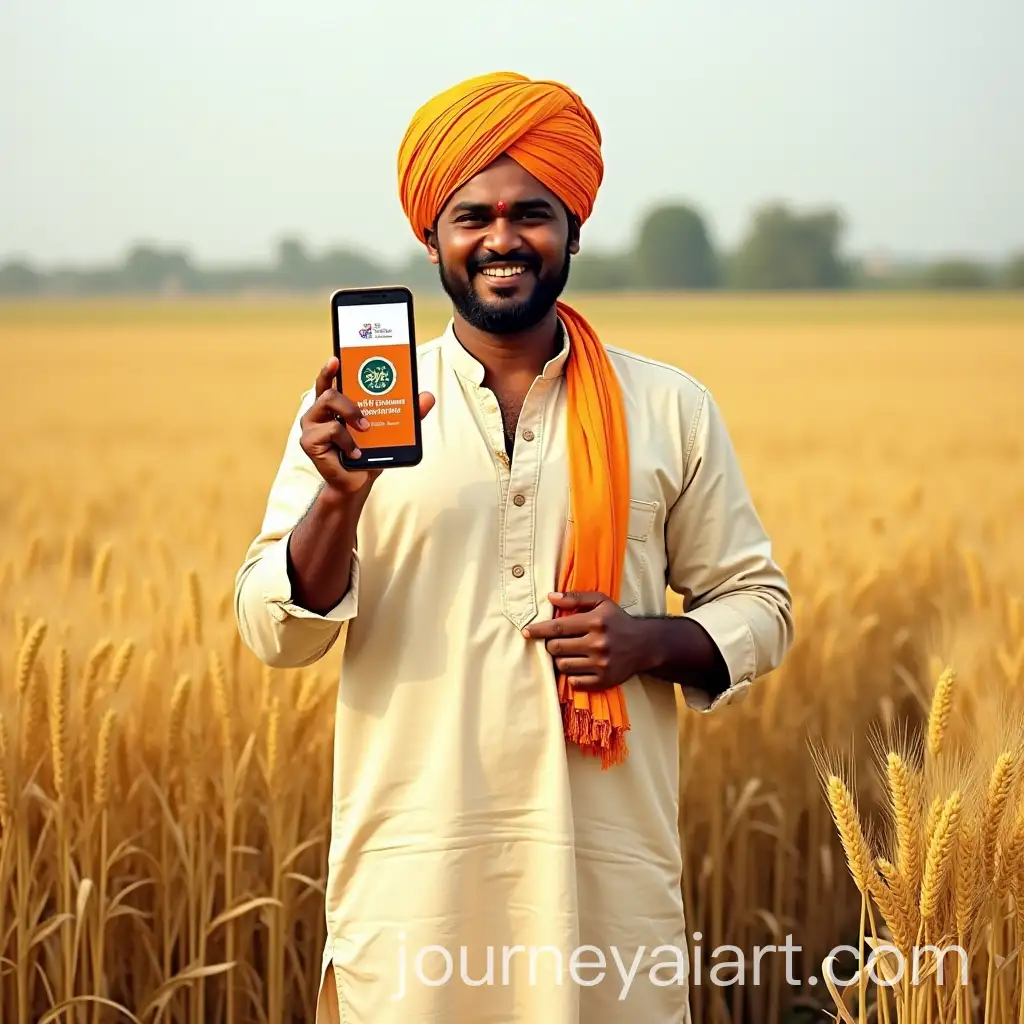 Smiling-Farmer-Raju-in-Wheat-Field-with-PM-Fasal-Bima-Yojana-Phone-Display