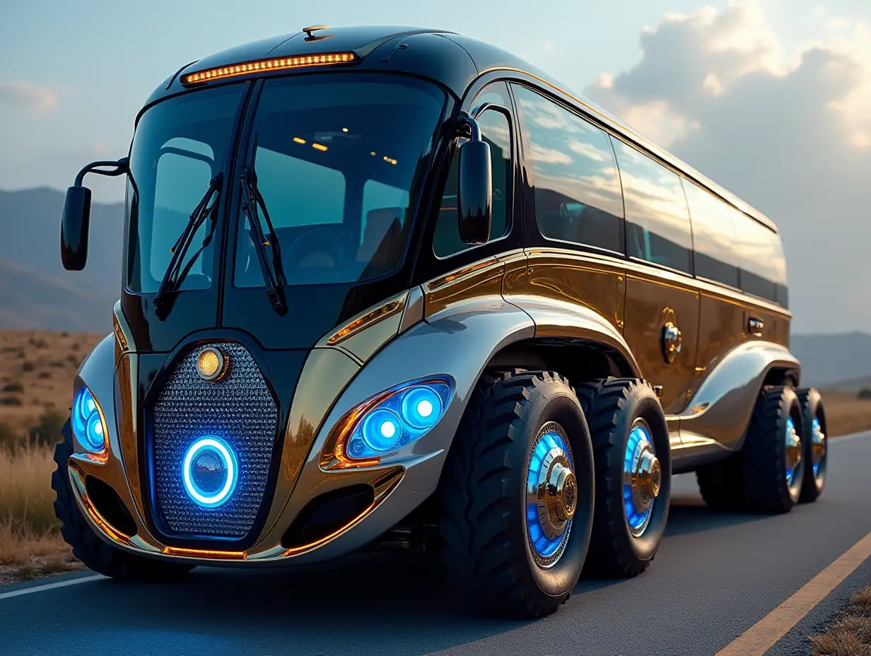 A super modern bus with 10 wheels and blue LED headlights gold white black Steampunk