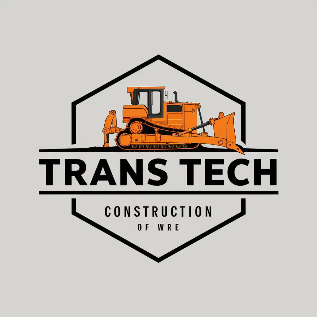 a vector logo design,with the text "trans tech", main symbol:on a hexagon background, turned to the right, quarter turned realistic bulldozer, inscription at the bottom, lower part of the hexagon with inscription black, upper part of the hexagon with orange bulldozer. bulldozer goes beyond the hexagon.,Moderate,be used in Construction industry,clear background