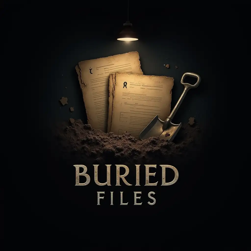 A dark and mysterious logo design for a channel named 'Buried Files'. The logo should feature an image of old, weathered documents or files partially buried under soil or dirt. The documents should appear faded and incomplete, with hints of hidden symbols or markings, subtly suggesting a deeper mystery. A dim, glowing light should illuminate the files, creating the sense that they are being uncovered, with shadows and textures adding to the mystery. Include details like a broken lock or a shovel, symbolizing the search for lost secrets. The color palette should consist of deep earth tones, dark browns, grays, and blacks, with light accents of faded gold or silver to emphasize the theme of age and enigma. The logo should evoke the feeling of an ancient, hidden story being slowly revealed.