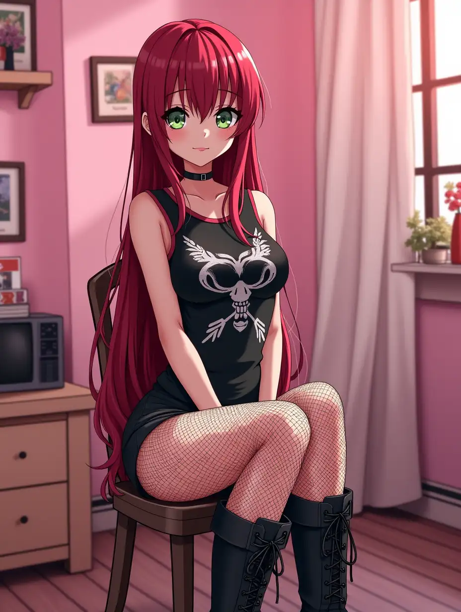 Anime girl, full height, black sleeveless top with skull print, no top on fishnet tights, heavy boots on feet, long red hair, black outline, photo-genic pose, pink little girl's room in the background, sitting on a chair, dark makeup, arrows, green eyes, legs crossed