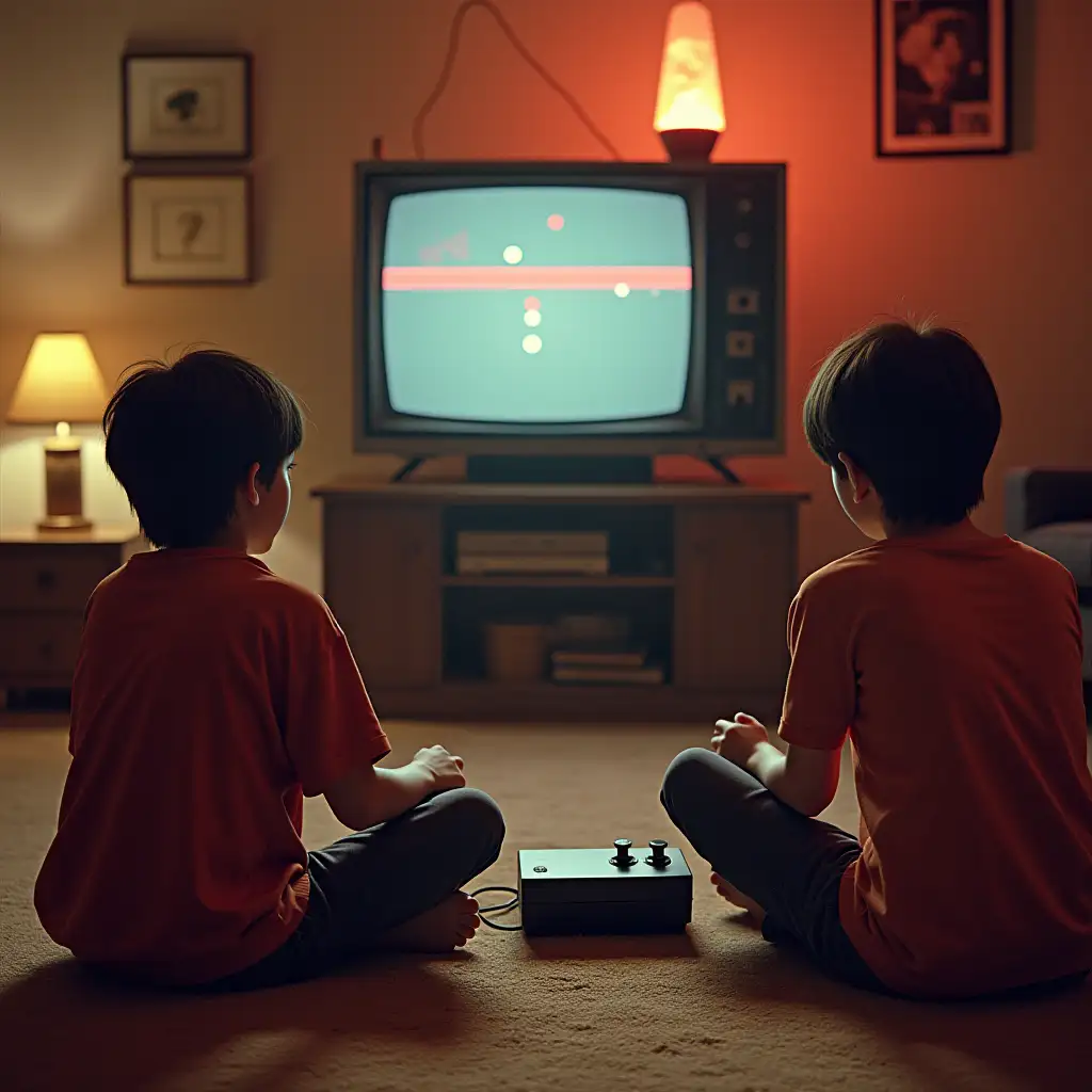 The scene: It is a living room in 1972, in the background there is an old tube television on which the telegame Pong Tennis can be seen. In front of it, two teenagers sit next to each other, each with an old analog game controller with a single rotary knob to operate. A black cable leads from each game controller to a small game console box that stands on the carpet between the two teenagers. There is a lava lamp on the tube television. make everything very realistic like in the first telegame. with lots of details from 1972 and very realistic