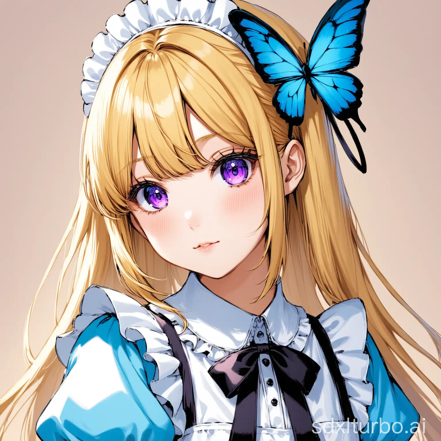 Alice with blonde hair and purple eyes has a black rabbit-shaped hairpin on her fringe, wearing a blue and white maid outfit, a blue butterfly hair accessory on top