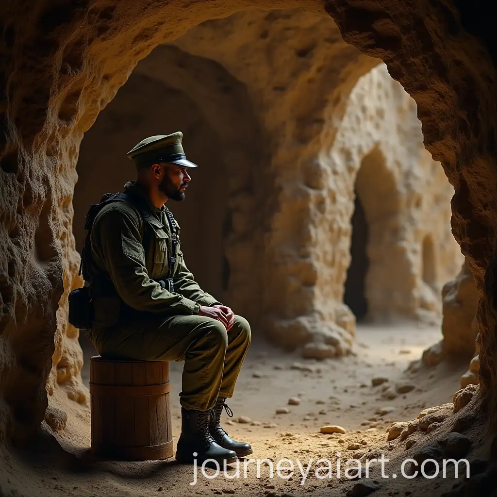 Soldier-in-Military-Uniform-Sitting-in-Cave-with-Jerusalem-Covenant