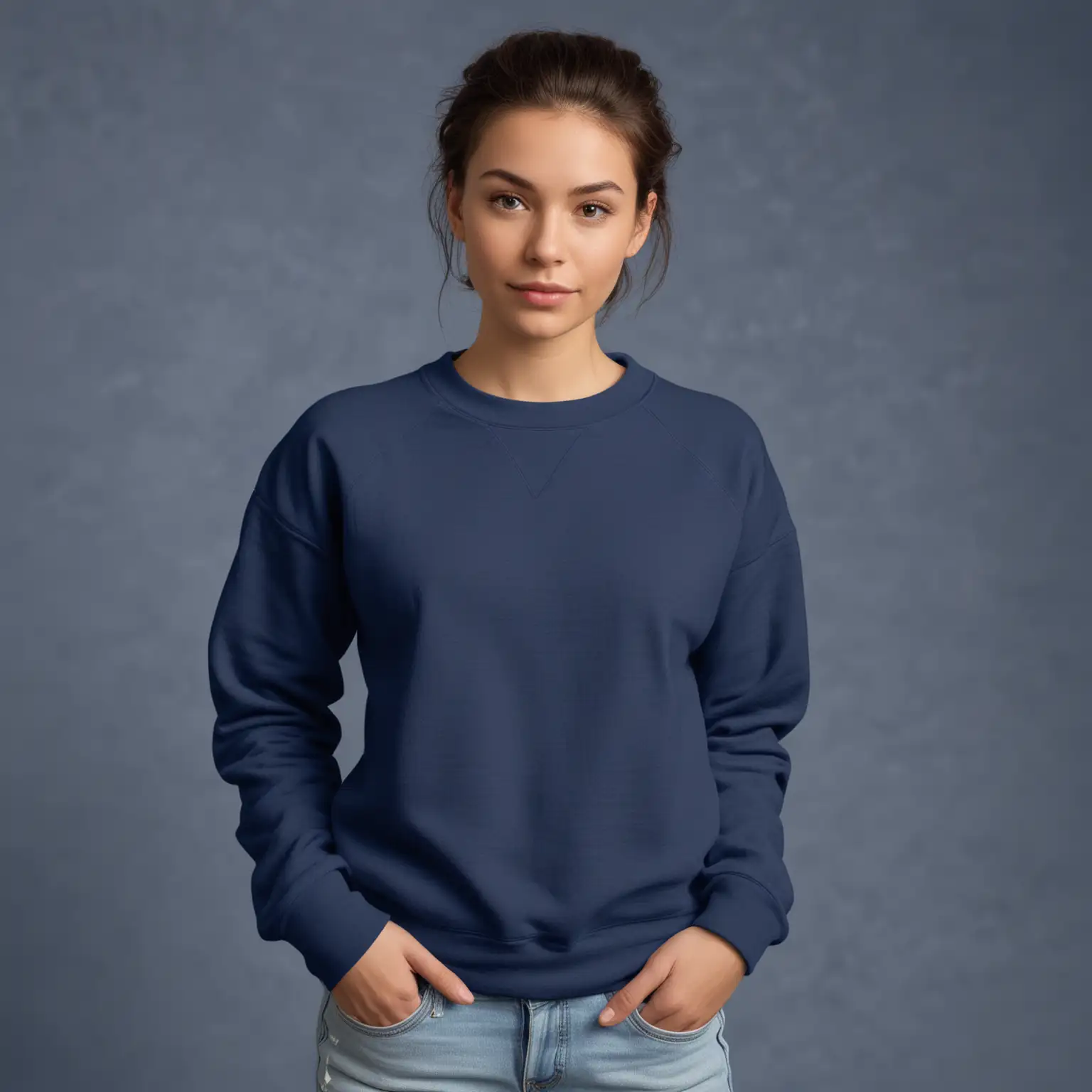 Female Model in Indigo Blue Blank Sweatshirt Mockup Against Bright Background