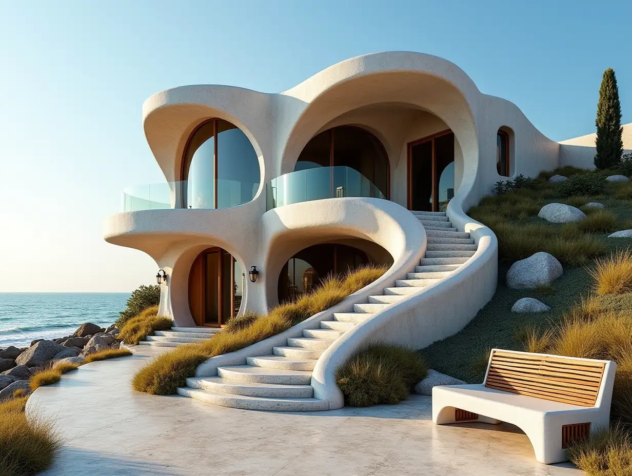 Crooked house with side line to the beach  Planting-with stucco in the shape of plant ornaments, large windows with glass to, curved, smooth window shapes, winding big entrance steps made of marble complex, curved roof with dike, lanterns, bench on the beach with  lending a view to the sea 4K resolution colorful wide-angle shots