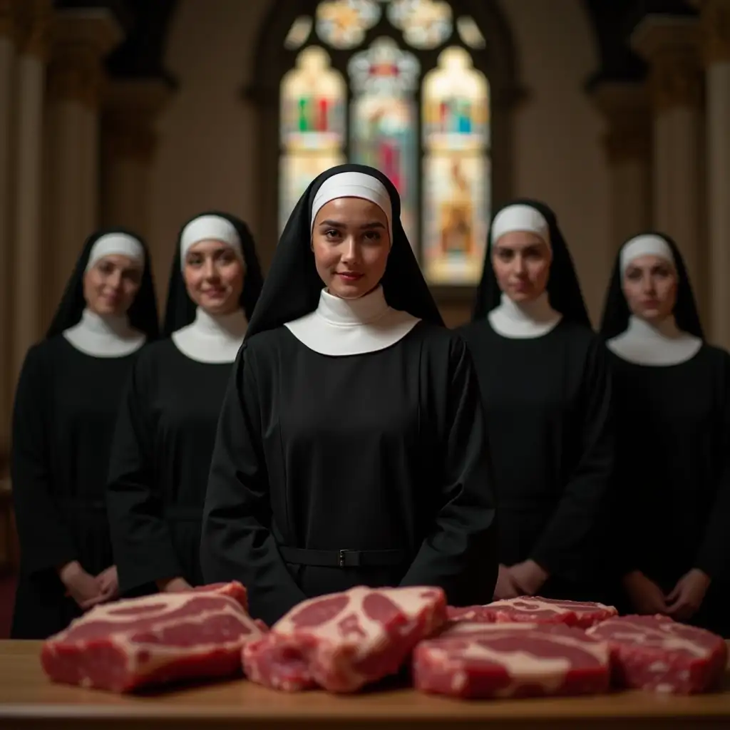 Foreground Frontal photo full length group of nuns in black in church Standing behind a counter full of red meat