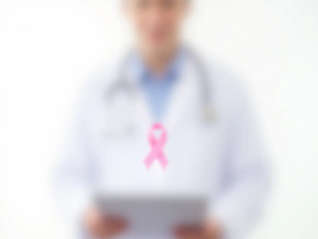 Doctor-with-Pink-Ribbon-Robe-and-Clipboard-on-White-Background