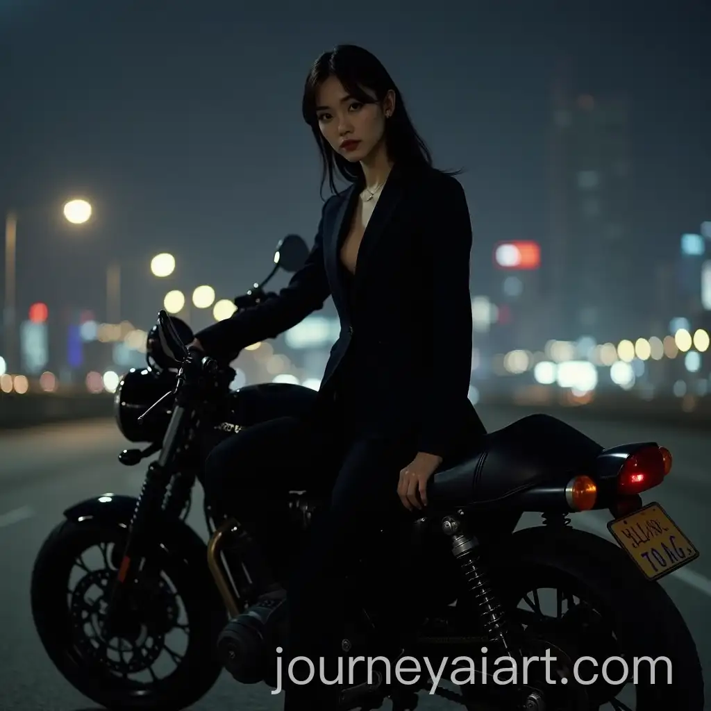 Asian-Girl-in-Classic-Black-Suit-on-Motorcycle-in-Nighttime-Megapolis