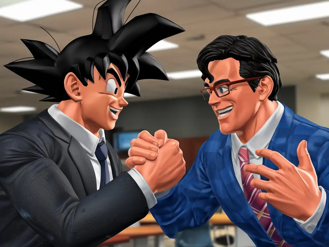 Goku-and-Clark-Kent-Exchanging-a-Joyful-Handshake-in-a-Workplace-Setting