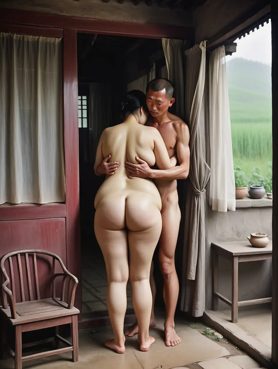 1917 year. China, countryside, landlord's home. A woman is plump, her whole body is naked, a man is very short, small, thin. A tall woman tightly hugs the thin and small him. The man is blurred. The main subject is the woman, it's intimate. Outside there is drizzle, inside there are curtains on the window, there are chairs and tables. The main subject is the flat stomach, it's about the woman's tenderness. The main subject is very clear. True color. No text. High definition