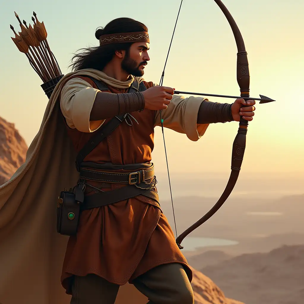 Create a scene of the real face of Arash Kamangir.    With a leather dress and a leather headband.  Half of the body should be in the scene.  A vertical section of the limb and bow on the left side of the image.  be in the desert   The sight angle and the bow should be in the same direction, towards the far horizon.    with long brown hair.    With broad shoulders and a stout body.    He is standing on a high rock.   With a bow and arrow in hand and shooting the arrow towards the sky.   He wears a leather strap with a green ruby ​​on his left arm.   He has a powerful face.  The head and body should be in the same direction and facing the sea.  in the evening air