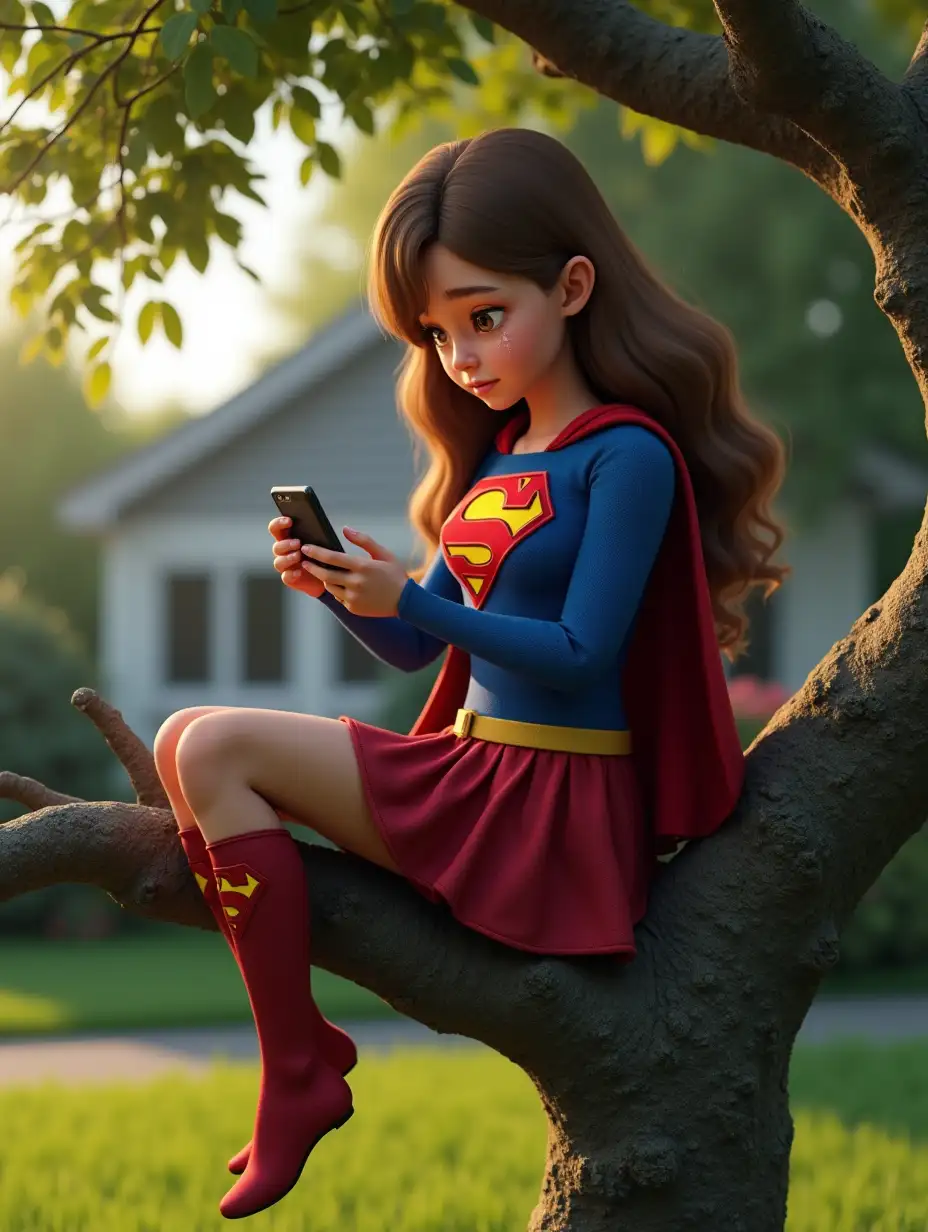 A highly detailed 3D-rendered image of a young female superhero resembling Supergirl, sitting on a tree branch, wearing a blue and red superhero suit with a cape. She has long, wavy brown hair and a sad expression, with tears streaming down her face as she looks at her smartphone. The setting is a peaceful suburban neighborhood with a green lawn and a cozy house with a white porch in the background. The sunlight casts a warm glow, and the tree has lush green leaves with some moss on the bark. The art style is ultra-realistic with cinematic lighting, soft shadows, and intricate textures on the suit, skin, and environment. The image should be in 4K resolution with a depth of field effect to enhance realism.