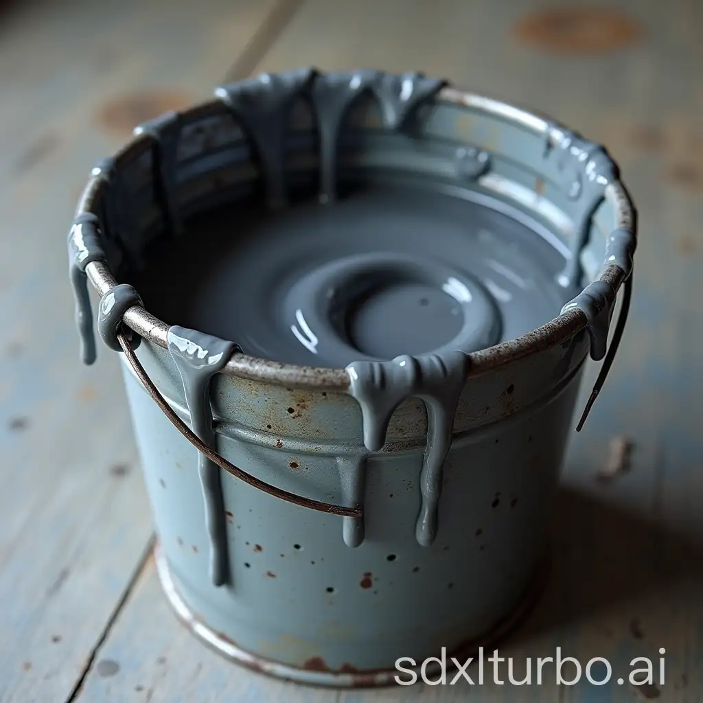 a metal bucket of dark grey oobleck from a 45 degree angle with a slimy texture and from a viewed from the side from a viewed from the side from a viewed from the side