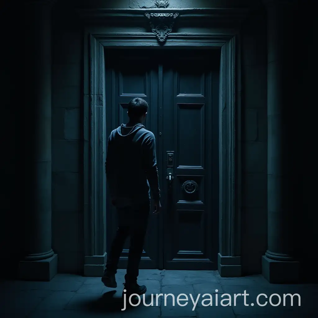 Anxious-Young-Man-Approaching-Mystical-Door-in-Dark-Room