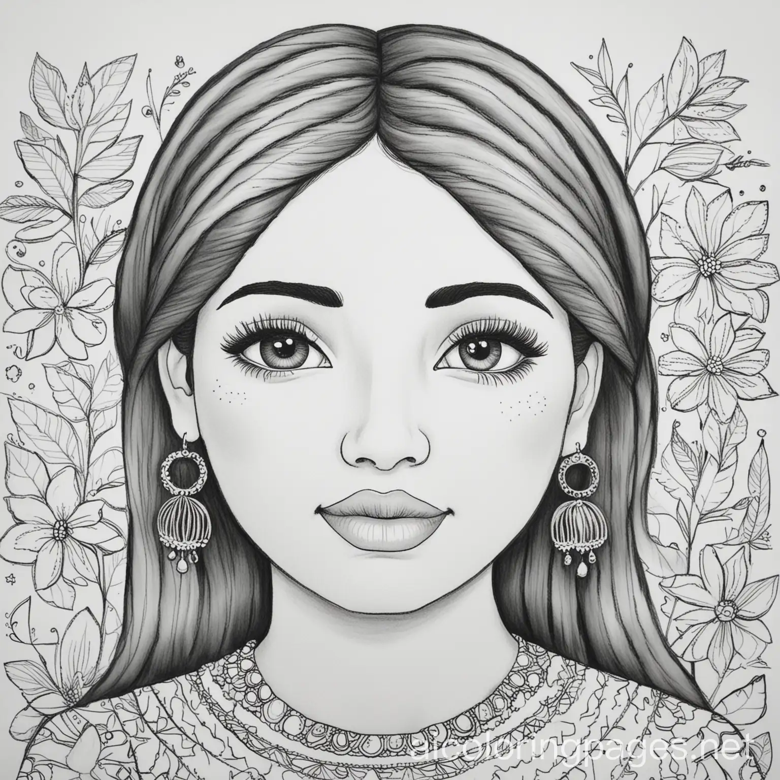 want a page of a latina that loves her cultural but lives in a world of chaos but still loves, Coloring Page, black and white, line art, white background, Simplicity, Ample White Space. The background of the coloring page is plain white to make it easy for young children to color within the lines. The outlines of all the subjects are easy to distinguish, making it simple for kids to color without too much difficulty