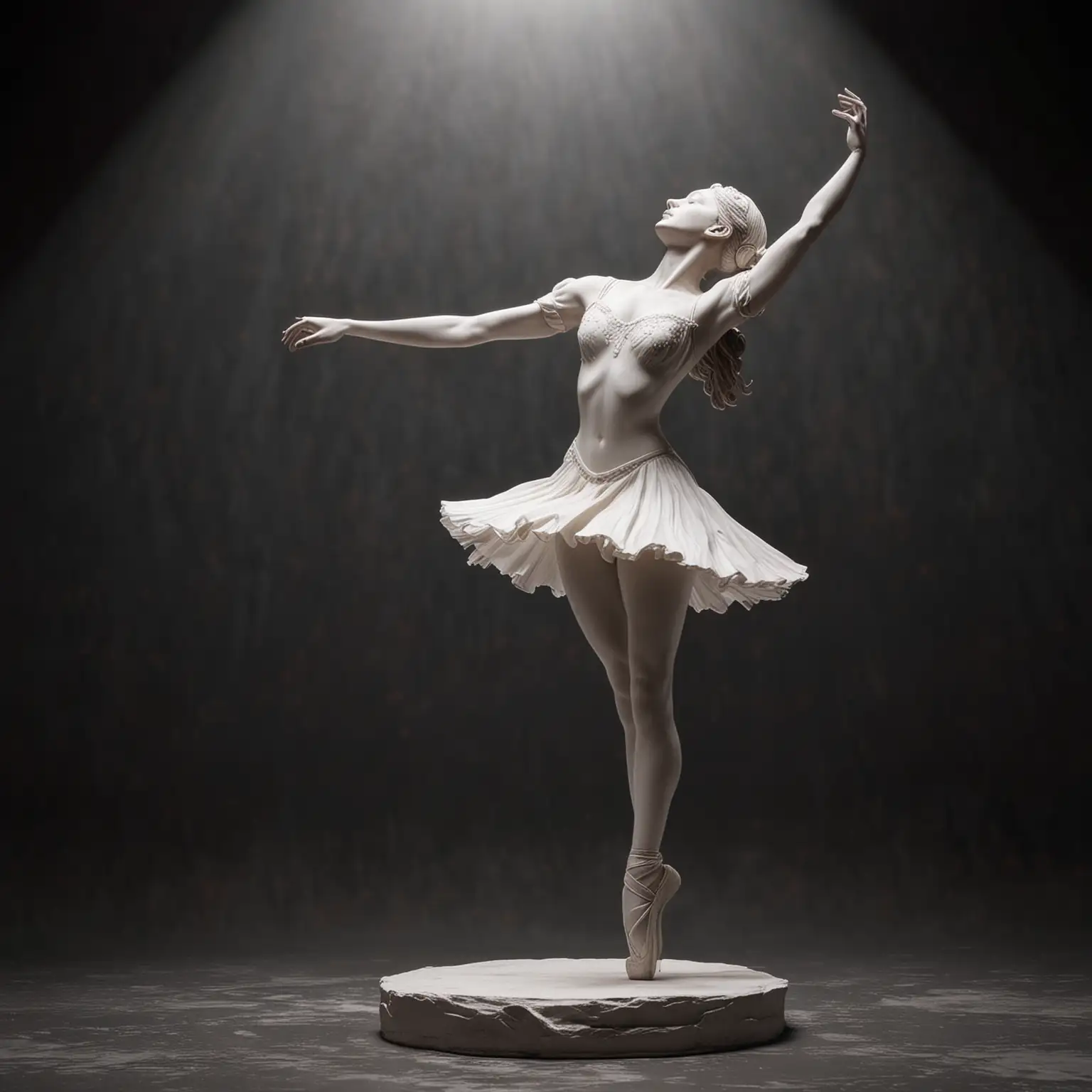 Elegant Ballerina Statue Dancing in Spotlight Against Black Background