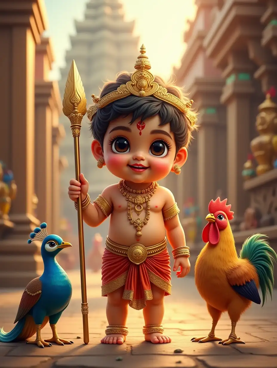 A highly detailed and photo-realistic image of Baby Murugan (Bala Murugan), depicted as a divine young child with golden skin, chubby cheeks, and a radiant smile. His large expressive eyes shine with wisdom beyond his years. He is adorned with traditional golden ornaments, a small crown with intricate Tamil designs, and a silk dhoti in shades of red and gold.nIn his tiny but powerful hands, he holds the Vel, a golden spear with a sharp, leaf-shaped broad blade that tapers to a perfect point. The Vel is engraved with Tamil sacred symbols and emits a divine glow, symbolizing his power even in childhood.nBeside him, a majestic peacock with shimmering blue-green iridescent feathers stands close, its tail partially spread, representing his divine vahana (vehicle). To the other side, a Seval (rooster) with golden-brown feathers and a bright red comb stands alert, representing courage and wisdom.nThe background features a beautiful Tamil Hindu temple (kovil) with tall, intricately carved gopurams (temple towers), colorful deities, and sacred architecture. The atmosphere is filled with soft golden sunlight, temple bells ringing, and a divine aura surrounding Baby Murugan. The entire scene is captured in photo-realistic detail, ensuring lifelike textures, expressions, and divine ambiance.