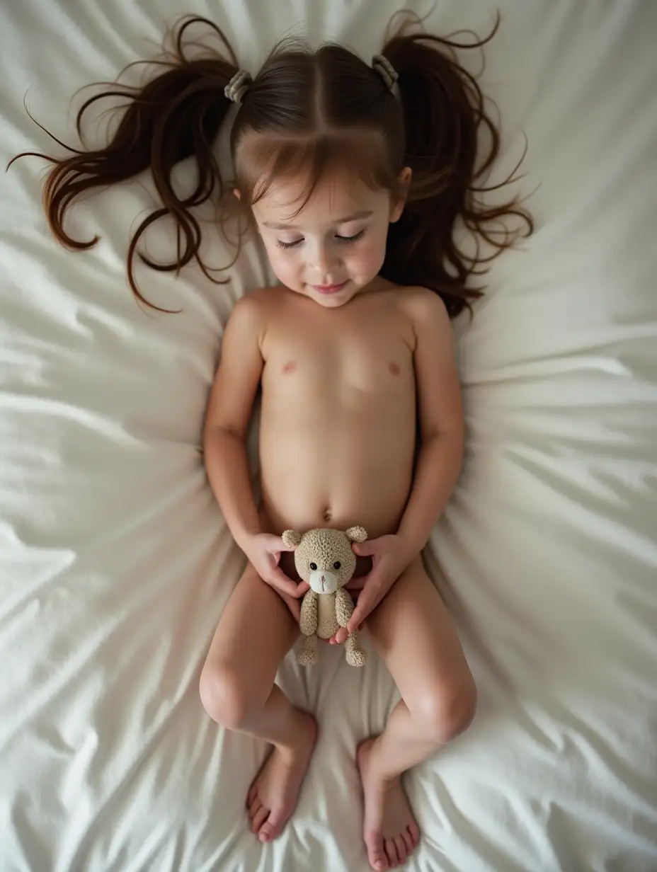 Shy-Girl-with-Pigtails-Holding-Stuffed-Animal-on-Bed-from-Above