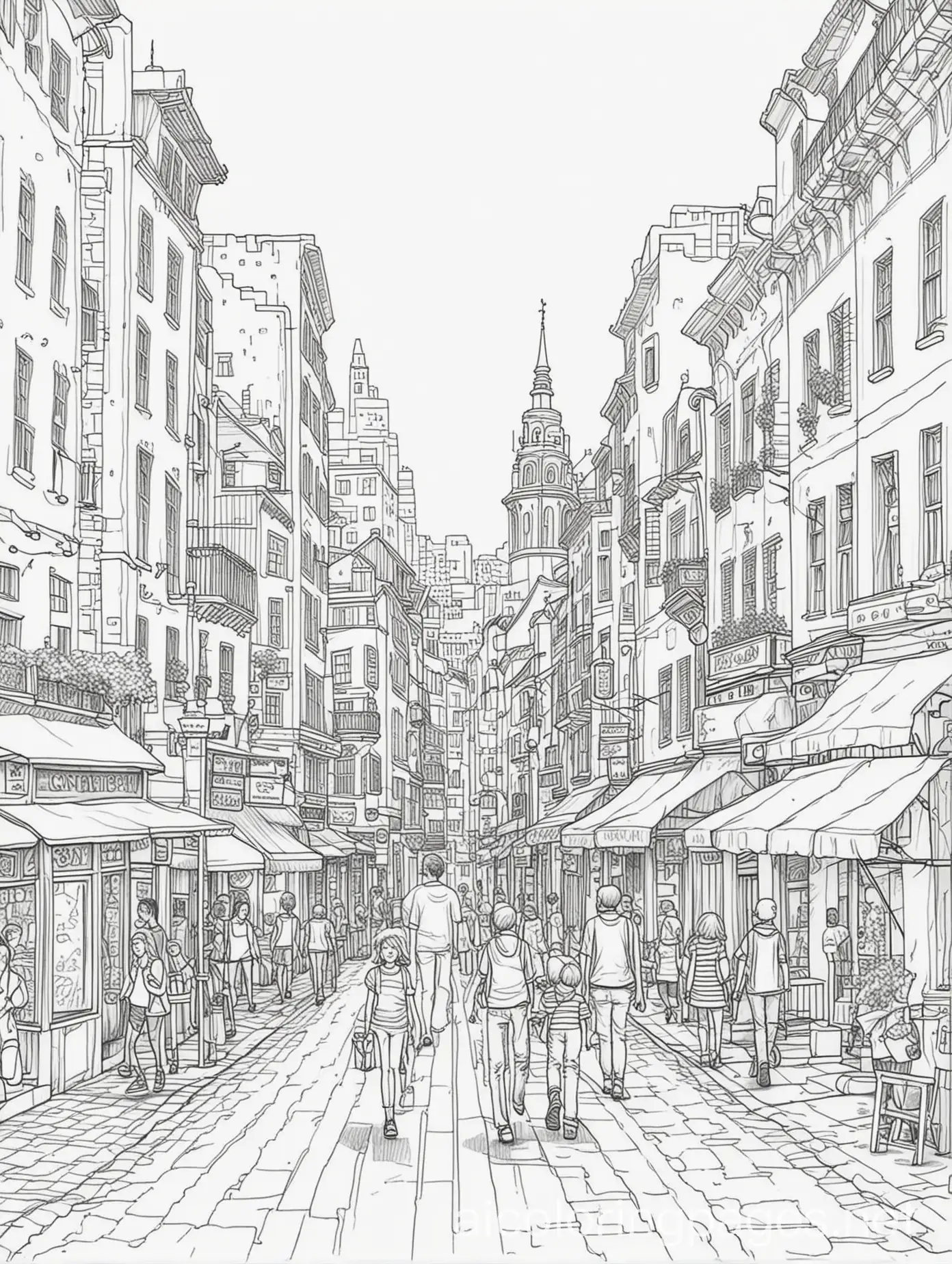 a city with people walking, Coloring Page, black and white, line art, white background, Simplicity, Ample White Space. The background of the coloring page is plain white to make it easy for young children to color within the lines. The outlines of all the subjects are easy to distinguish, making it simple for kids to color without too much difficulty