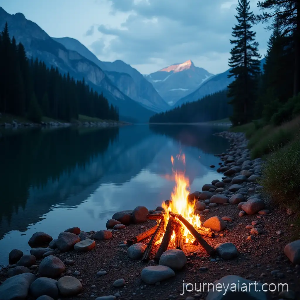 Campfire-by-the-Mountain-River-Shore-at-Dusk