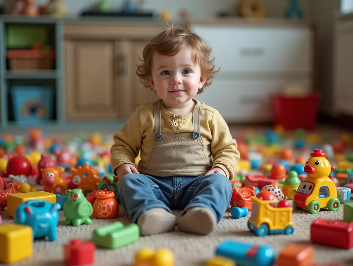 Little-Boy-Playing-with-Colorful-Toys-in-a-Chaotic-Room