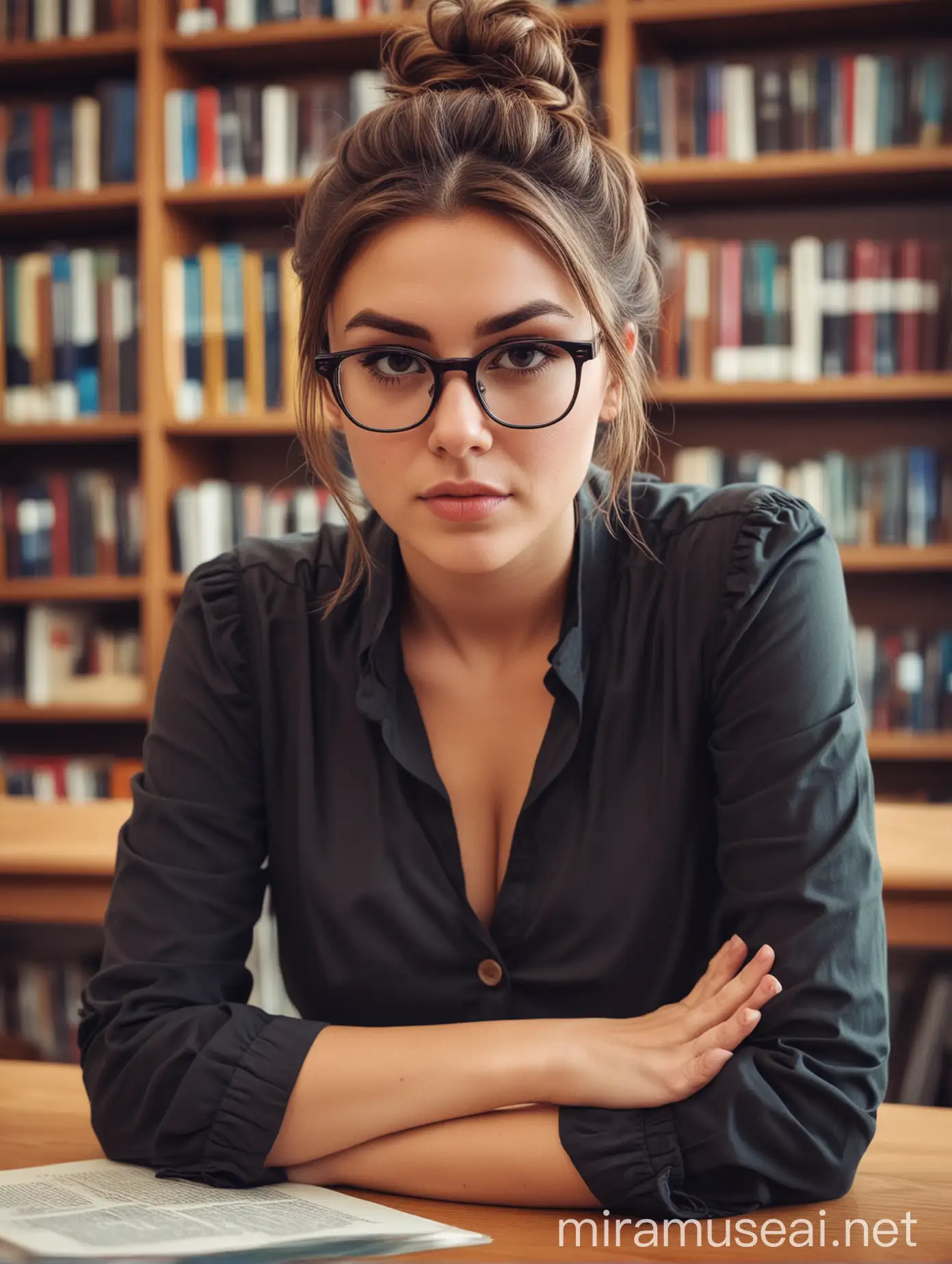 Serious Librarian with Brown Hair and Square Glasses in Library Setting