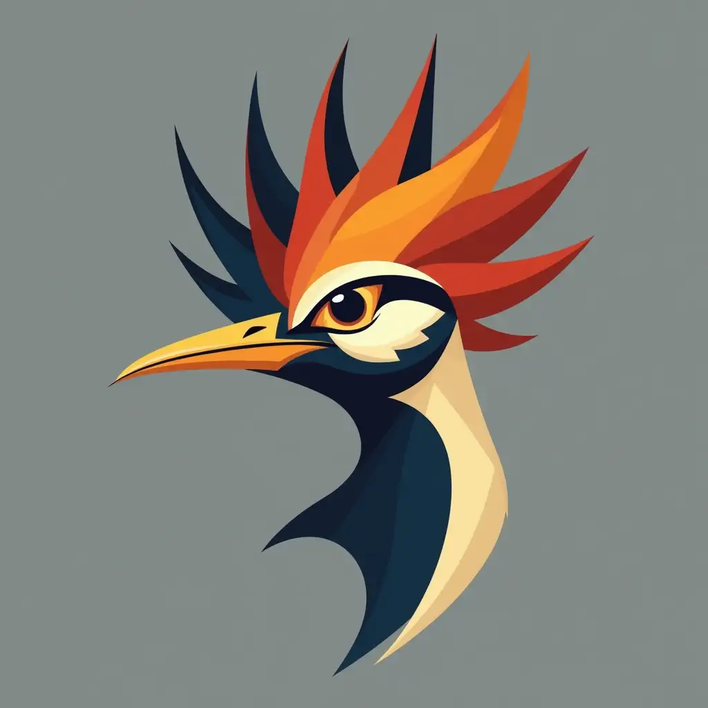 A modern, vector-style graphic logo design of a hoopoe bird’s head, focusing on its iconic crest and elegant features. The design emphasizes clean, bold, and minimalistic shapes with geometric precision. It incorporates persian warm color such as saffron, crimson, persian blue, and gold to create a dynamic and visually striking look. The style should be sleek, abstract, and suitable for scalable vector use, making it ideal for professional branding or a news mobile application.