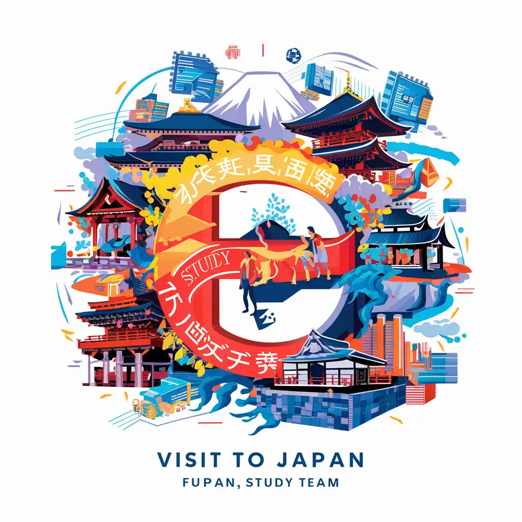 As the theme and name, create a logo for the Japanese branch studying abroad with elements such as Kiyomizu-dera, Yasaka Shrine, Mount Fuji, etc. Also include electronic, information, chip elements of electrical.