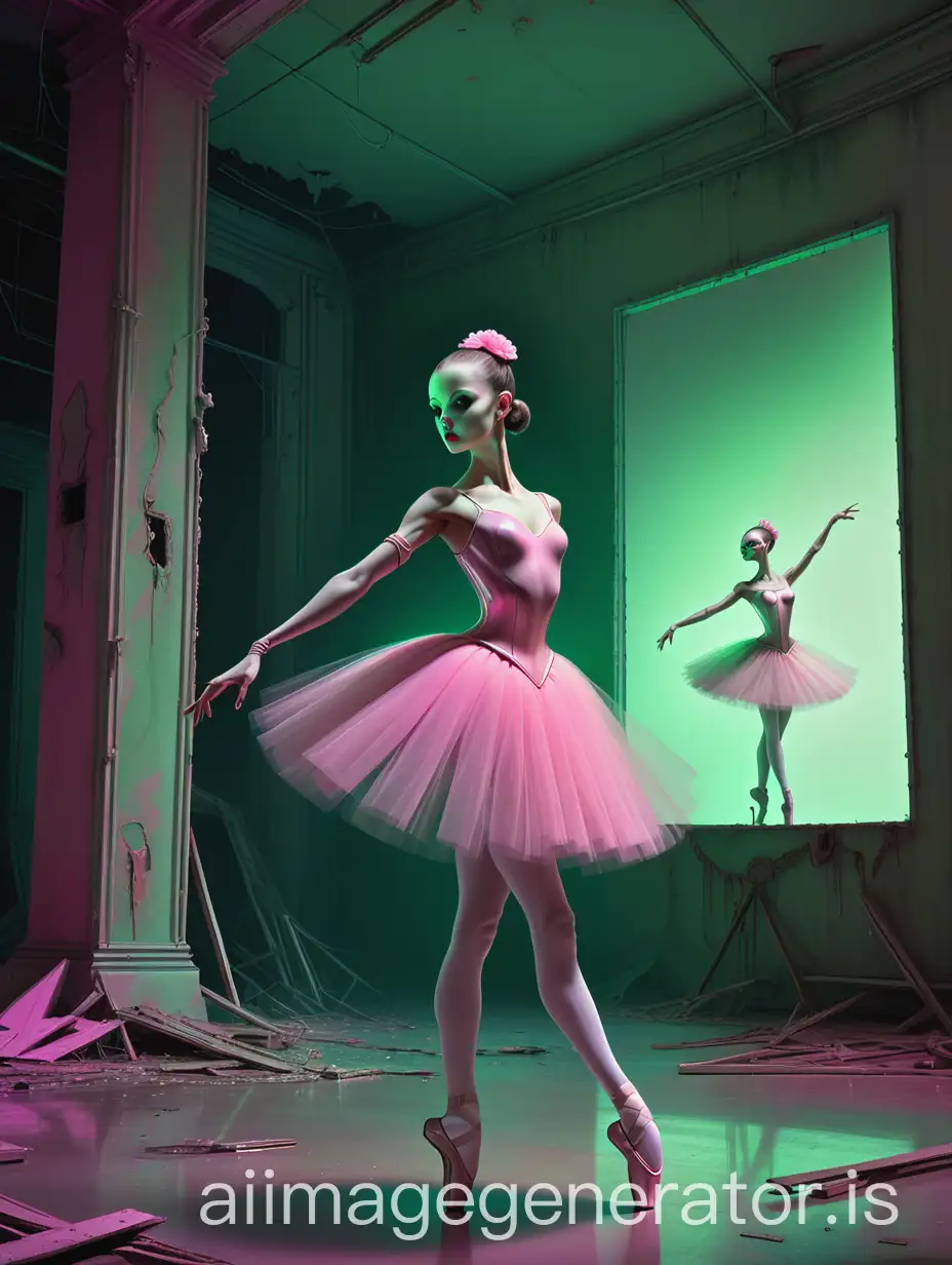 Painting in the style of Michael Whelan, CG, FHD, minolta, 3d effects, three-dimensional, spatial depth of the image, full presence effect, cybernetic ballet, a very thin robot girl in the image of a ballerina on an old abandoned stage stands sadly in a ballerina costume, pink-green light ballerina costume, the scene is old and visible destruction and desolation, grunge, cyber ballet, inspired by Mark Ryden, full compliance with the style of Michael Whelan, detailed, clear, high resolution, full immersion in surrealism, combined with the styles of Salvador Dali and Xue Wang and George Grier