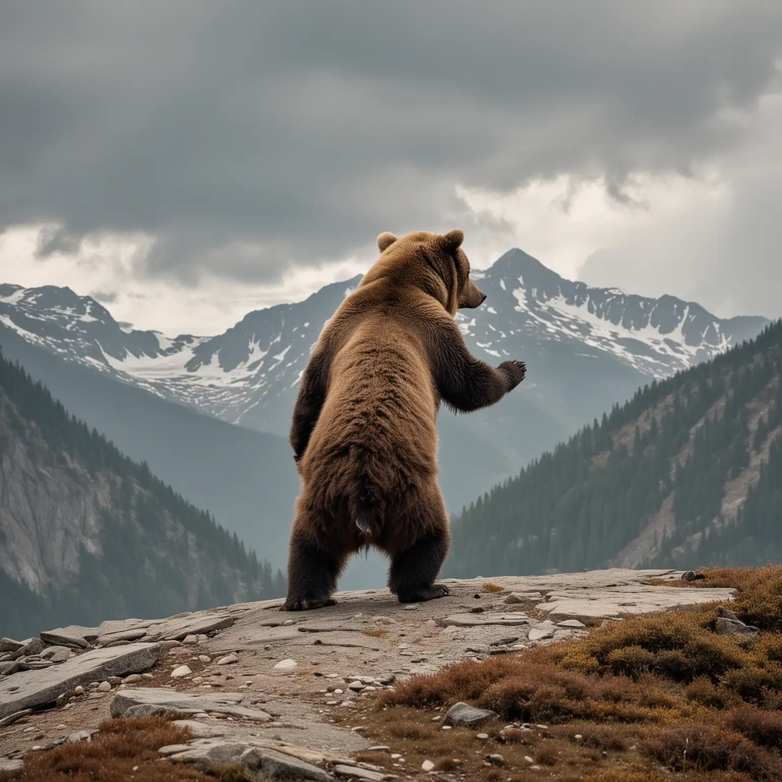 Bear Walking on Hind Legs Over Mountain