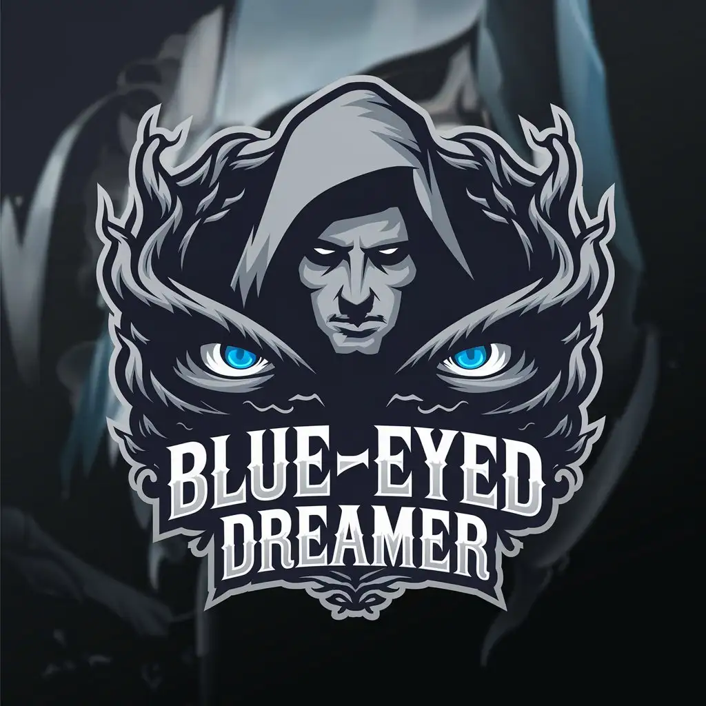 a vector logo design,with the text "Blue-eyed_Dreamer", main symbol:gloomy, gothic atmosphere.slightly discernible in the shadows, the face of a man in a hood, two bright blue eyes in the thick night ,complex,be used in Entertainment industry,clear background