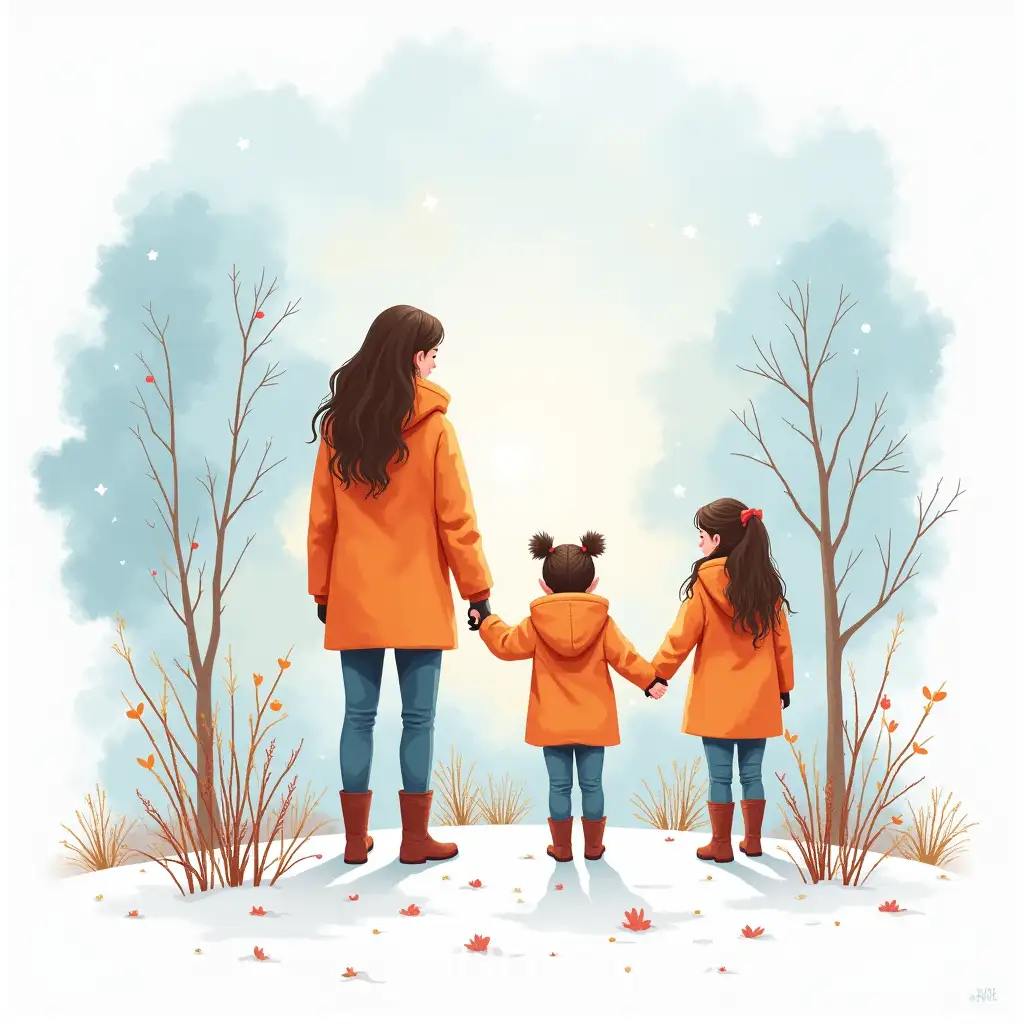 Family-Winter-Scene-with-Children-and-Snow-in-Watercolor