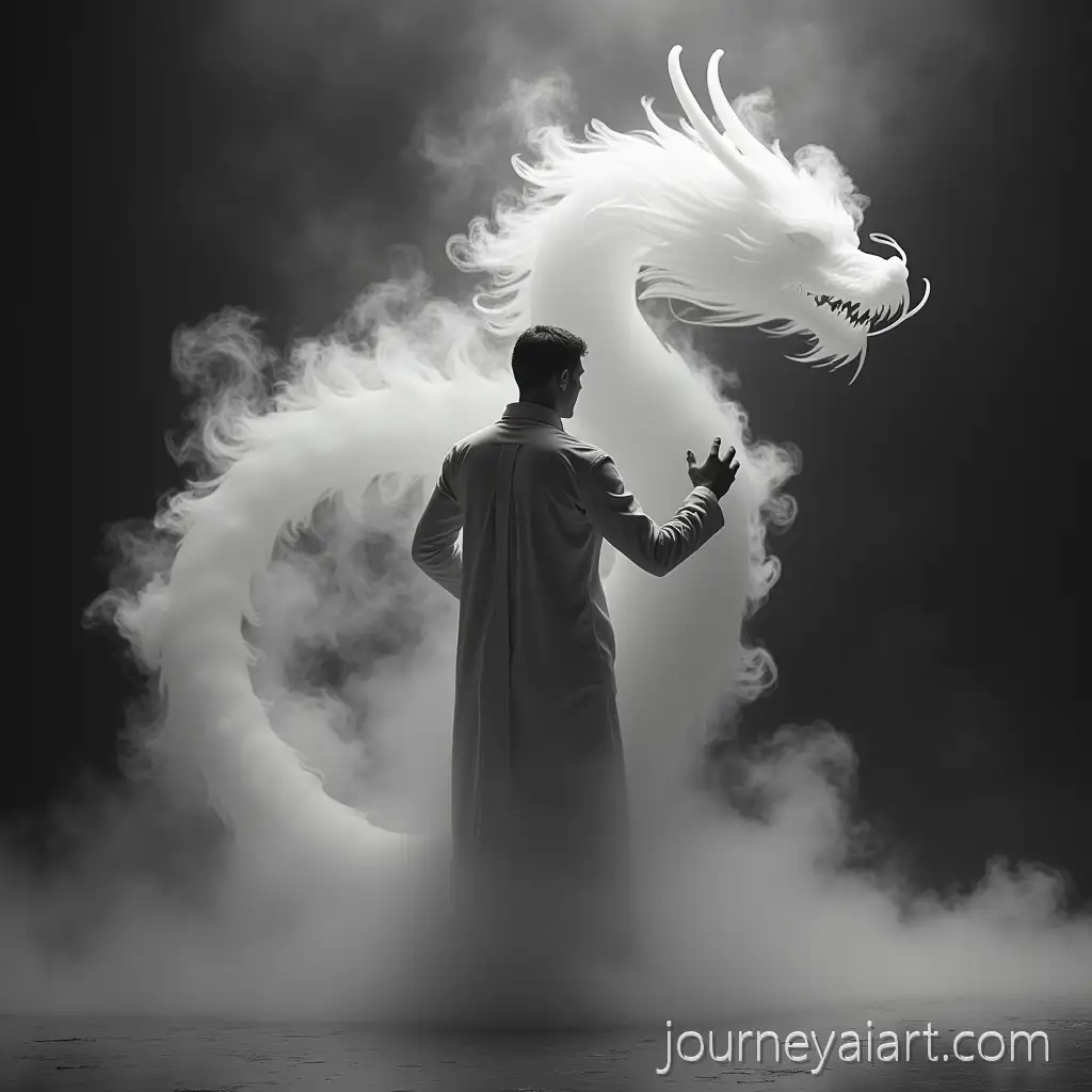 Solitary-Male-Figure-Dancing-with-Translucent-Dragon-Made-of-Smoke-in-Black-and-White