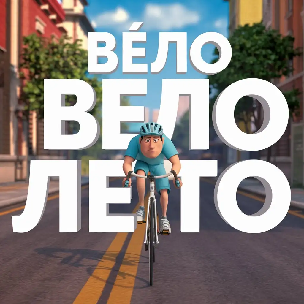 3d Pixar style bicyclist, text 'velo leto'