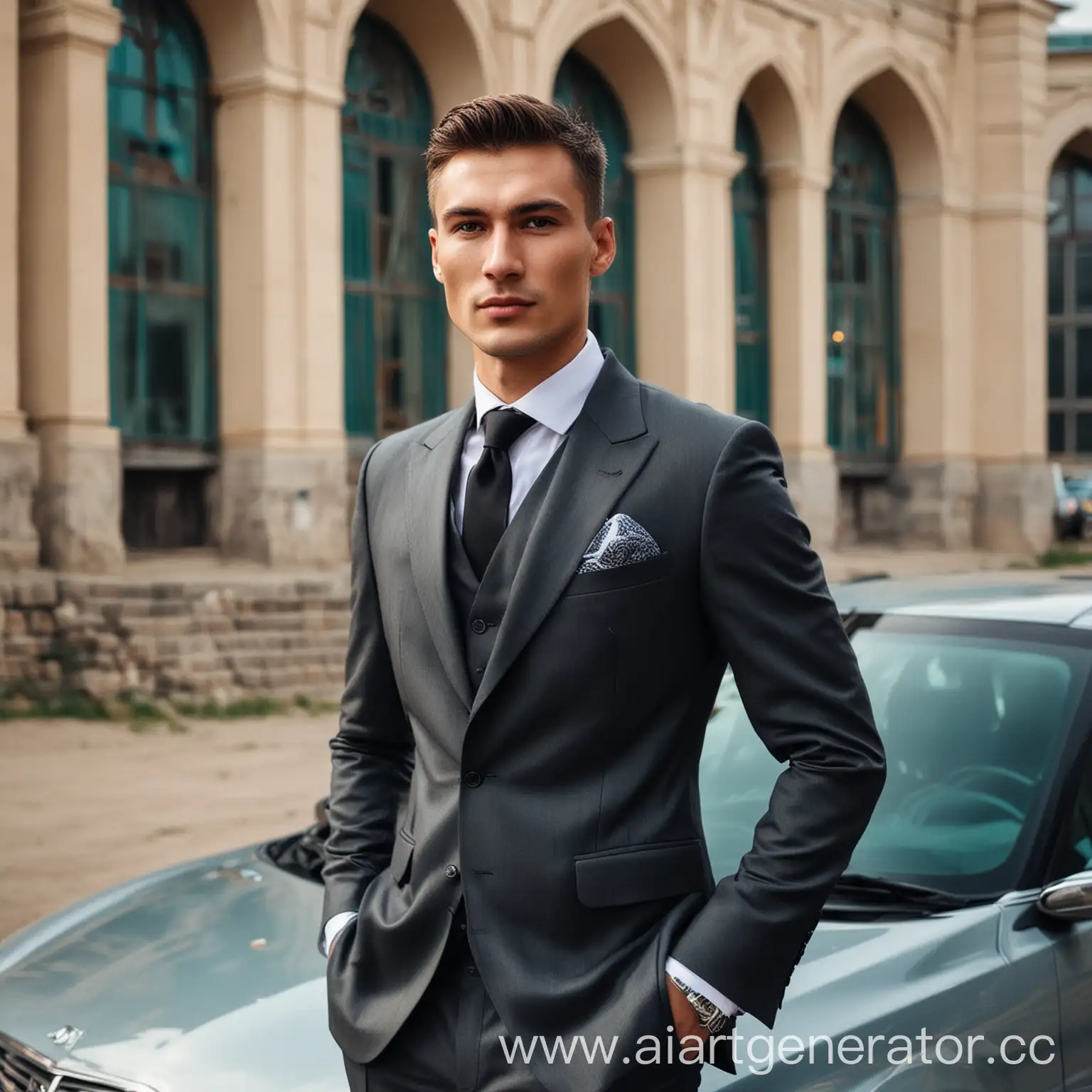 Stylish-Businessman-in-Suit-Standing-by-Car-in-Urban-Kazakhstan