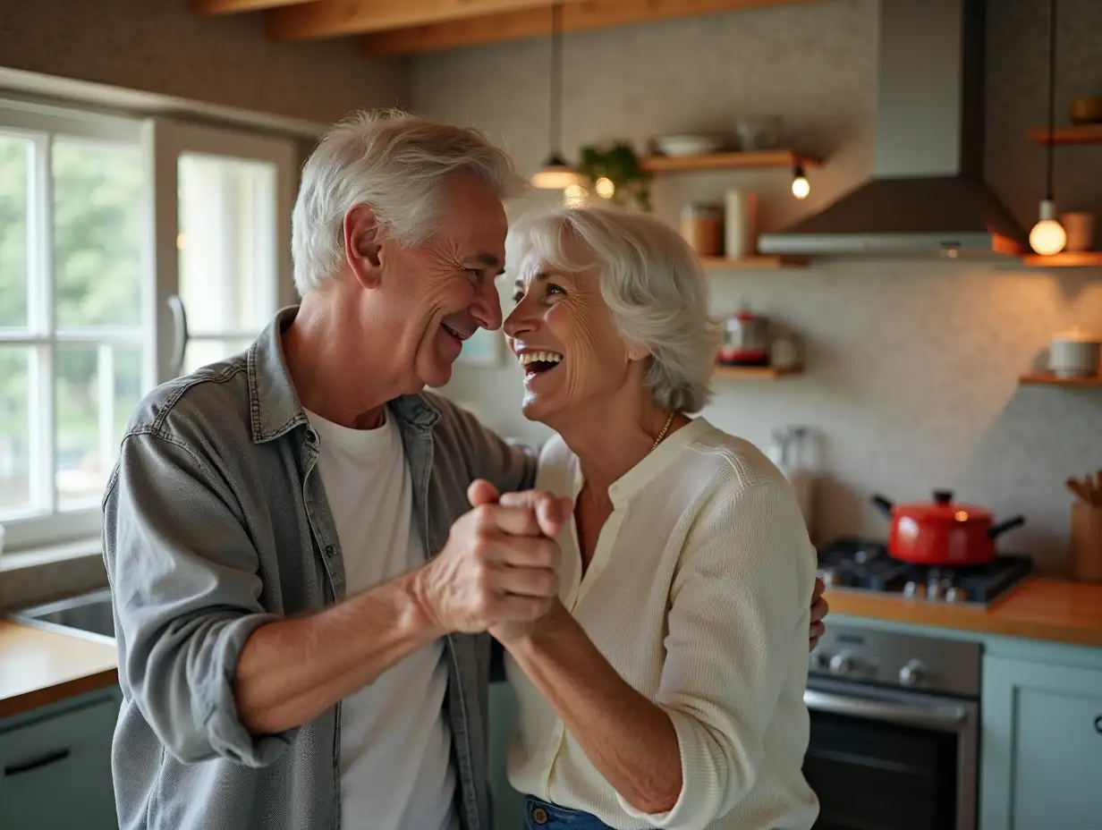 Elderly couple, dancing and love in home, support and holding hands for laughing in kitchen. People, commitment and together for connection in relationship, bonding and romance or loyalty in marriage