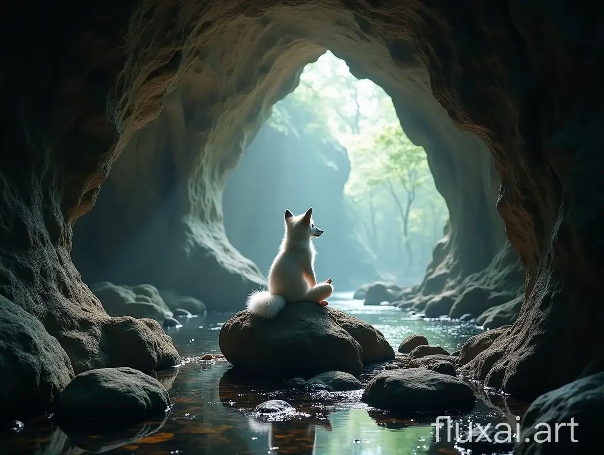 back view The interior of the cave is simple and full of fairy spirit, where the A white fox sit on a rock meditating