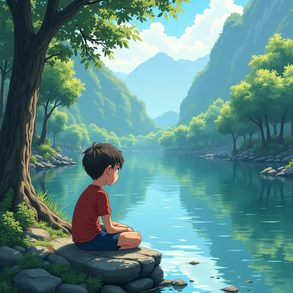 a boy sitting in near by a river create in anime style