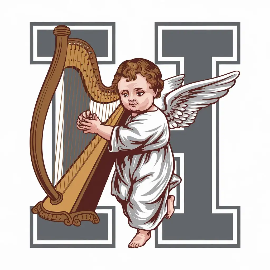 LOGO Design for H Baby Angel Playing Harp on White Background with Elegant and Clear Theme