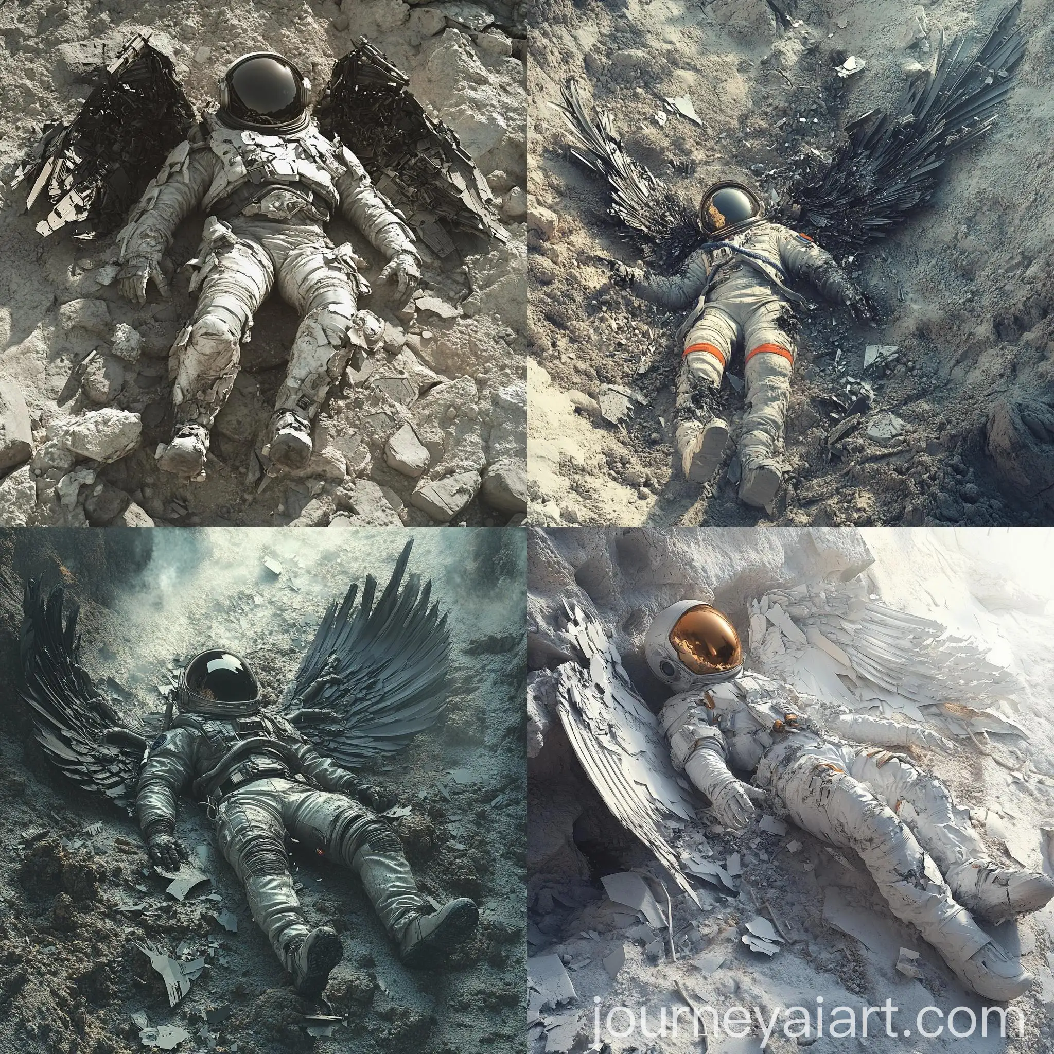 Fallen-Astronaut-with-Broken-Mechanical-Wings-in-Desolate-Crash-Scene