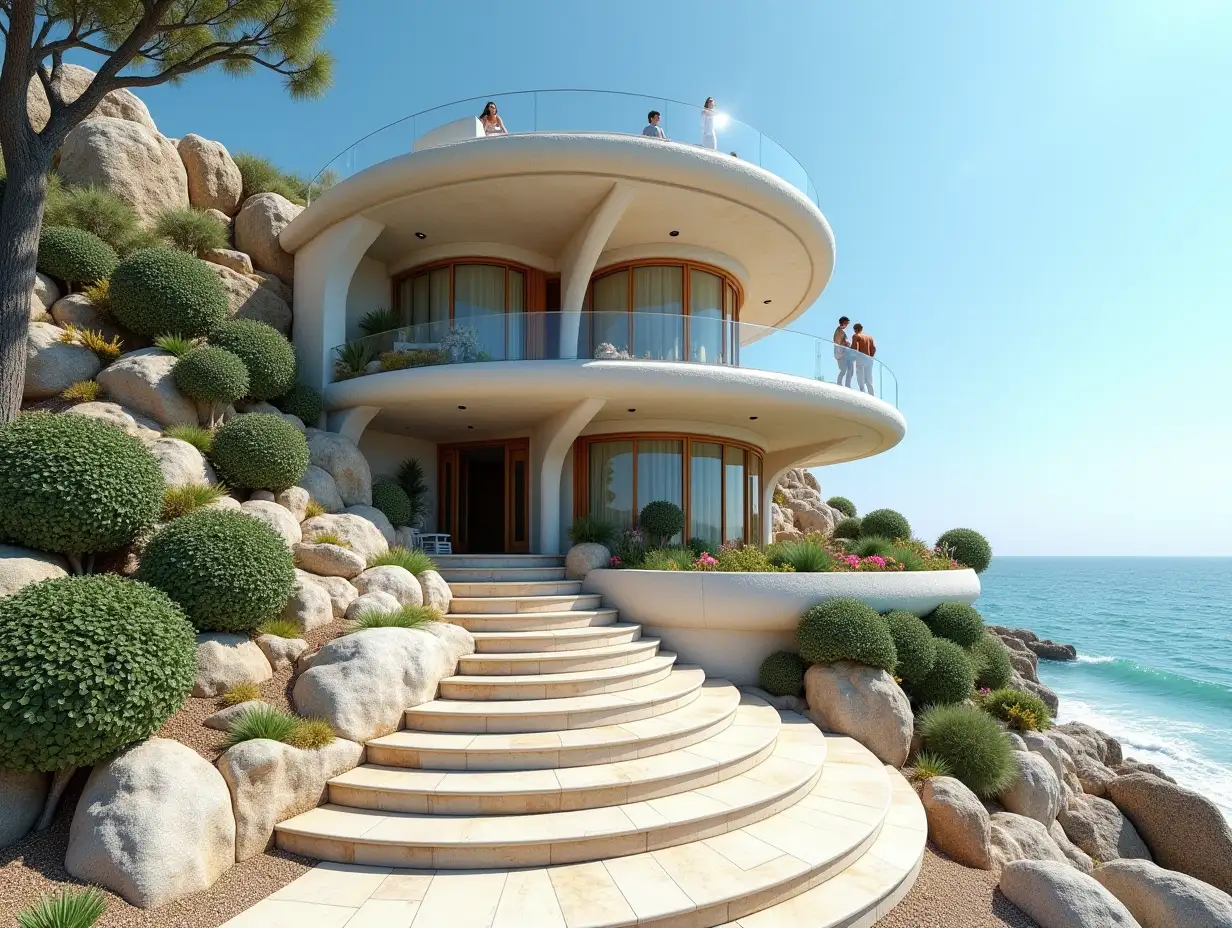 Crooked house with people, steps to the beach Planting-with stucco in the form of plant ornaments, large windows with glass closed, curved, smooth window shapes, winding large entrance stairs made of marble complex, curved roof with dike, lanterns, bench at the beach with lend view to the sea 4K resolution colorful wide-angle shots