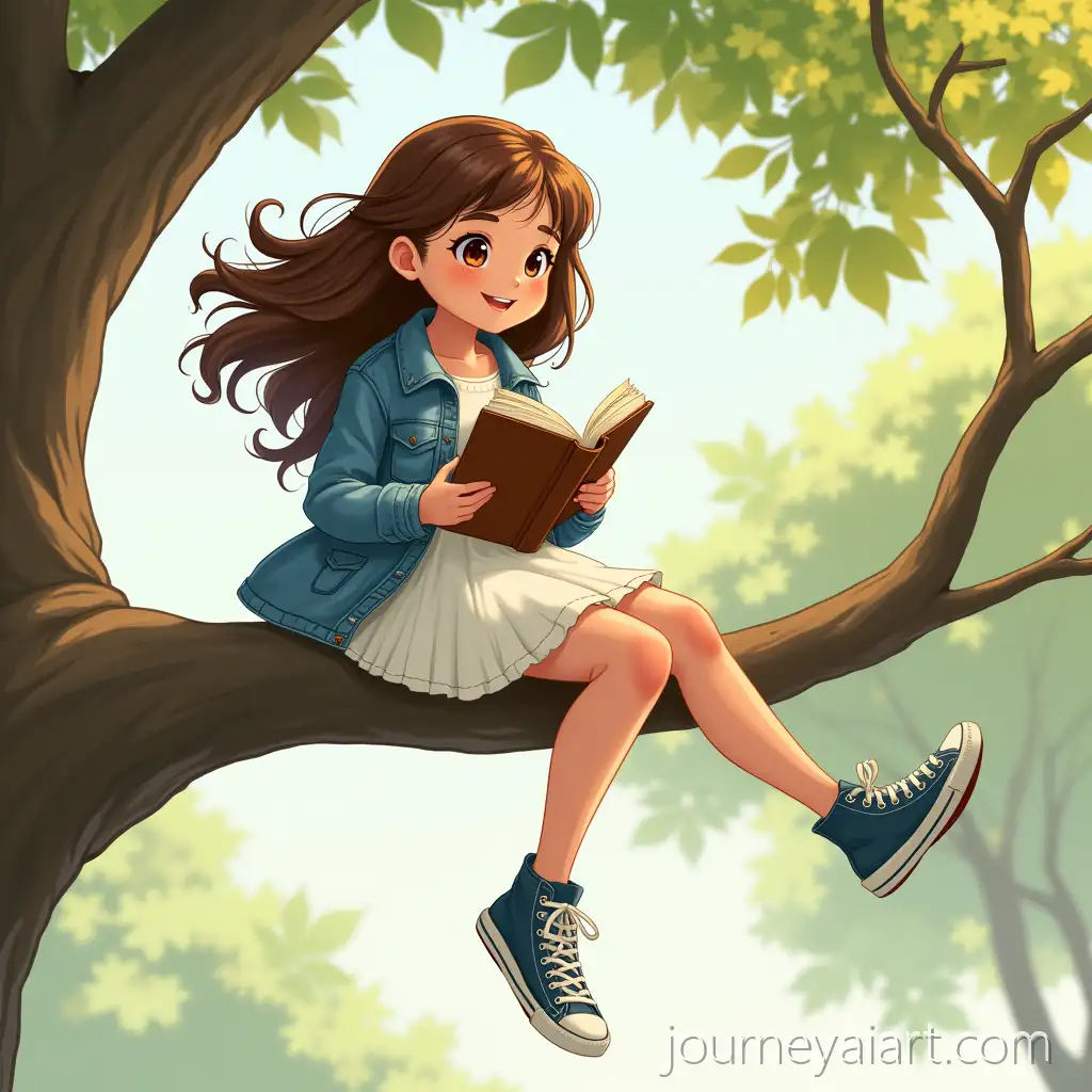 Girl-Sitting-on-Tree-Branch-Reading-Book-in-Casual-Outfit
