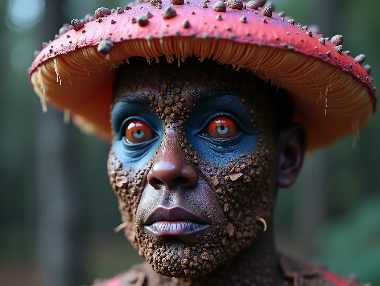 Face transformed into building with purple fly agaric roots