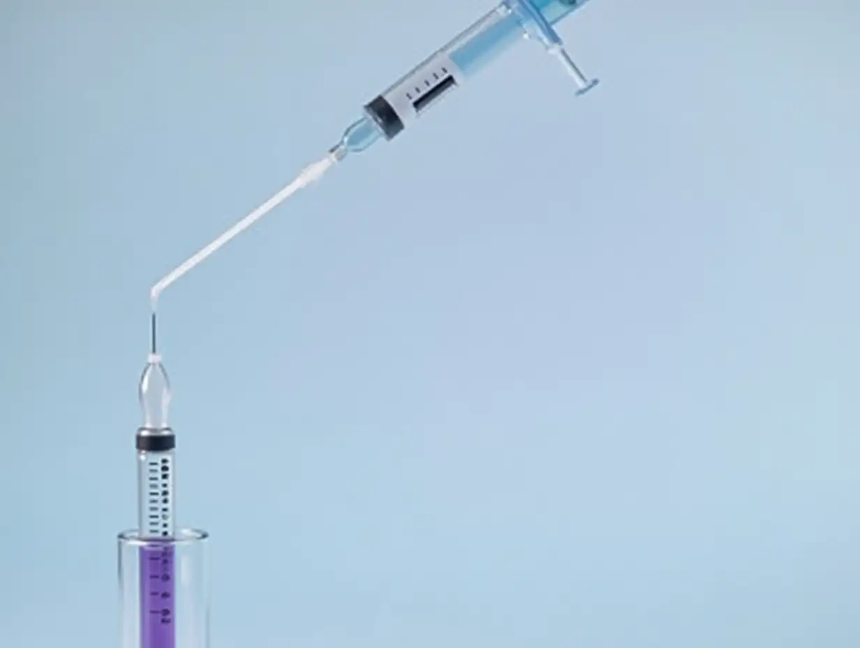 Syringe Filled with Purple Liquid Above Glass Vial