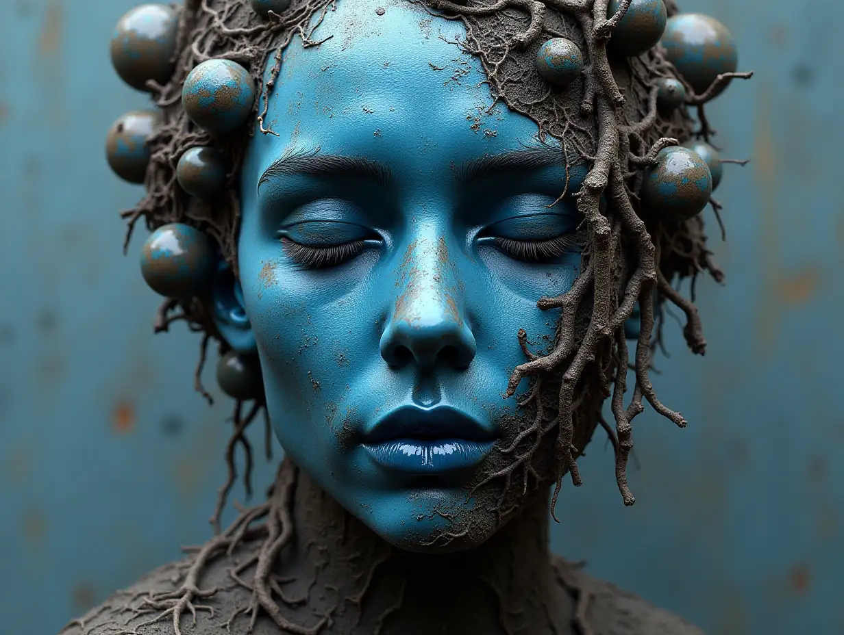 Face with blue steel balls Roots transformed into building