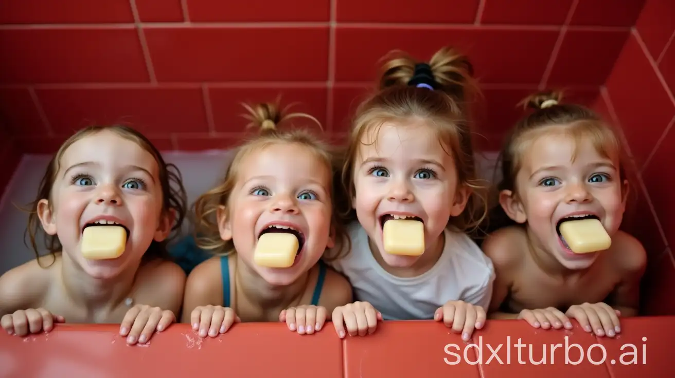 Four-Little-Girls-in-Preschool-Bathtub-with-Soap-and-Foam-in-Mouth